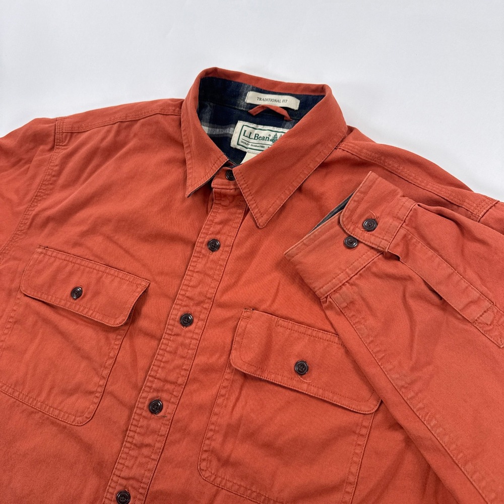 LL Bean Men Large Flannel Lined Hurricane Shirt Jacket Rust Orange Plaid Shacket